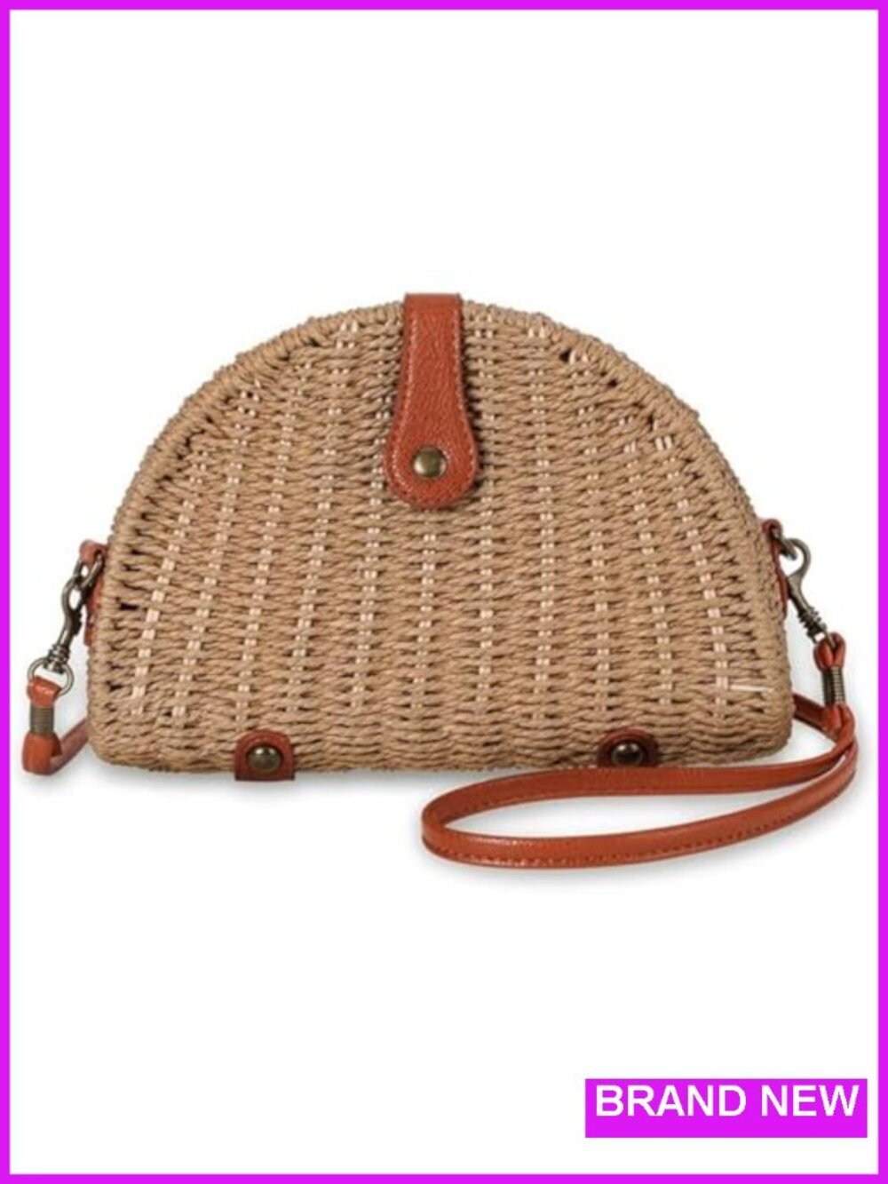 Woven Straw Crossbody Bag for Women PU Leather Trim Handmade Beach Purse